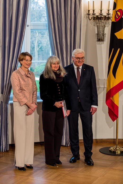 Elke Büdenbender (left), Susanne Stein (center) and Frank-Walter Steinmeier (right) during the 2018 New Year's reception at Bellevue Palace